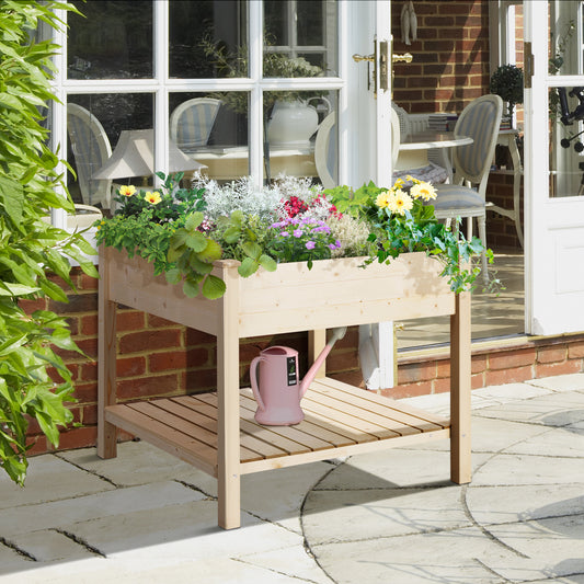 Coolbibila 36'' x 36'' Raised Garden Bed with Storage Shelf, 2 Tiers Elevated Wooden Planter Box