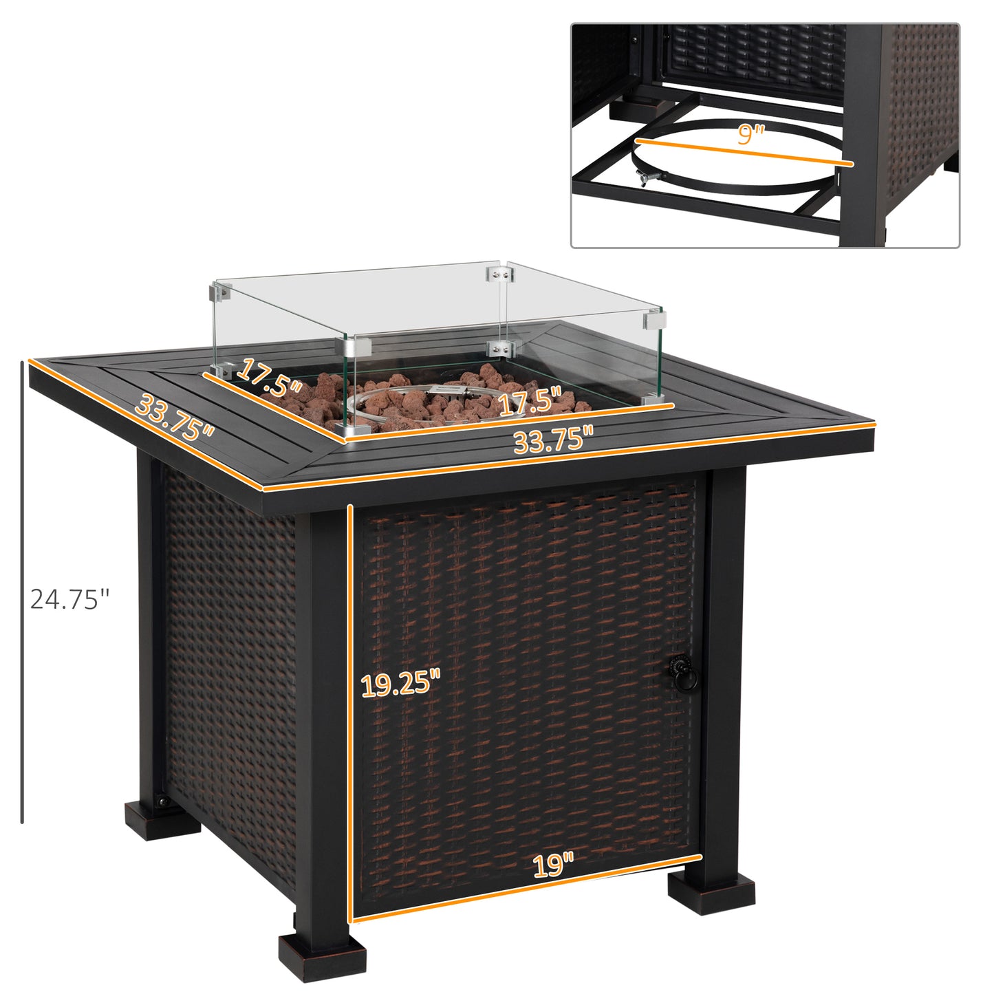 Coolbibila 34 Inch Outdoor Propane Gas Fire Pit Table, 50,000 BTU Auto-Ignition Square Wicker-effect Gas Firepit