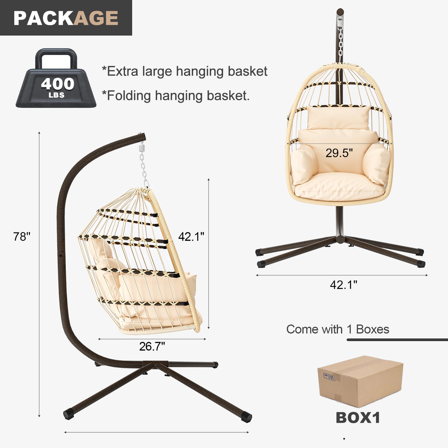 Coolbibila Patio Foldable Hanging Swing Chair with Stand Natural Color