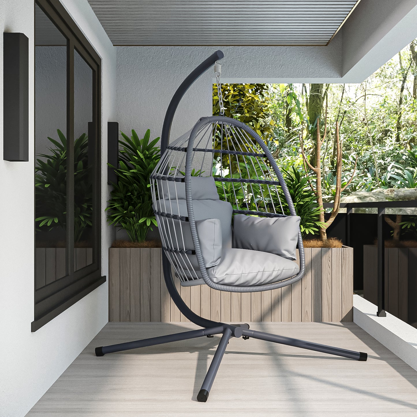 Coolbibila Patio Foldable Hanging Swing Chair with Stand Gray Color