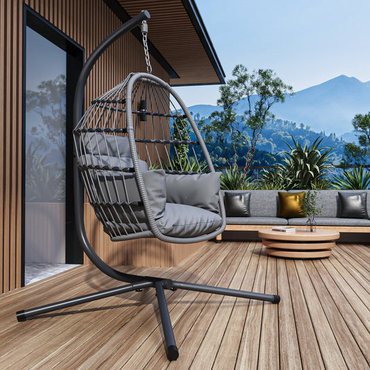 Coolbibila Patio Foldable Hanging Swing Chair with Stand Gray Color