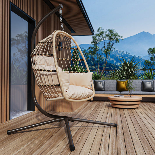 Coolbibila Patio Foldable Hanging Swing Chair with Stand Natural Color