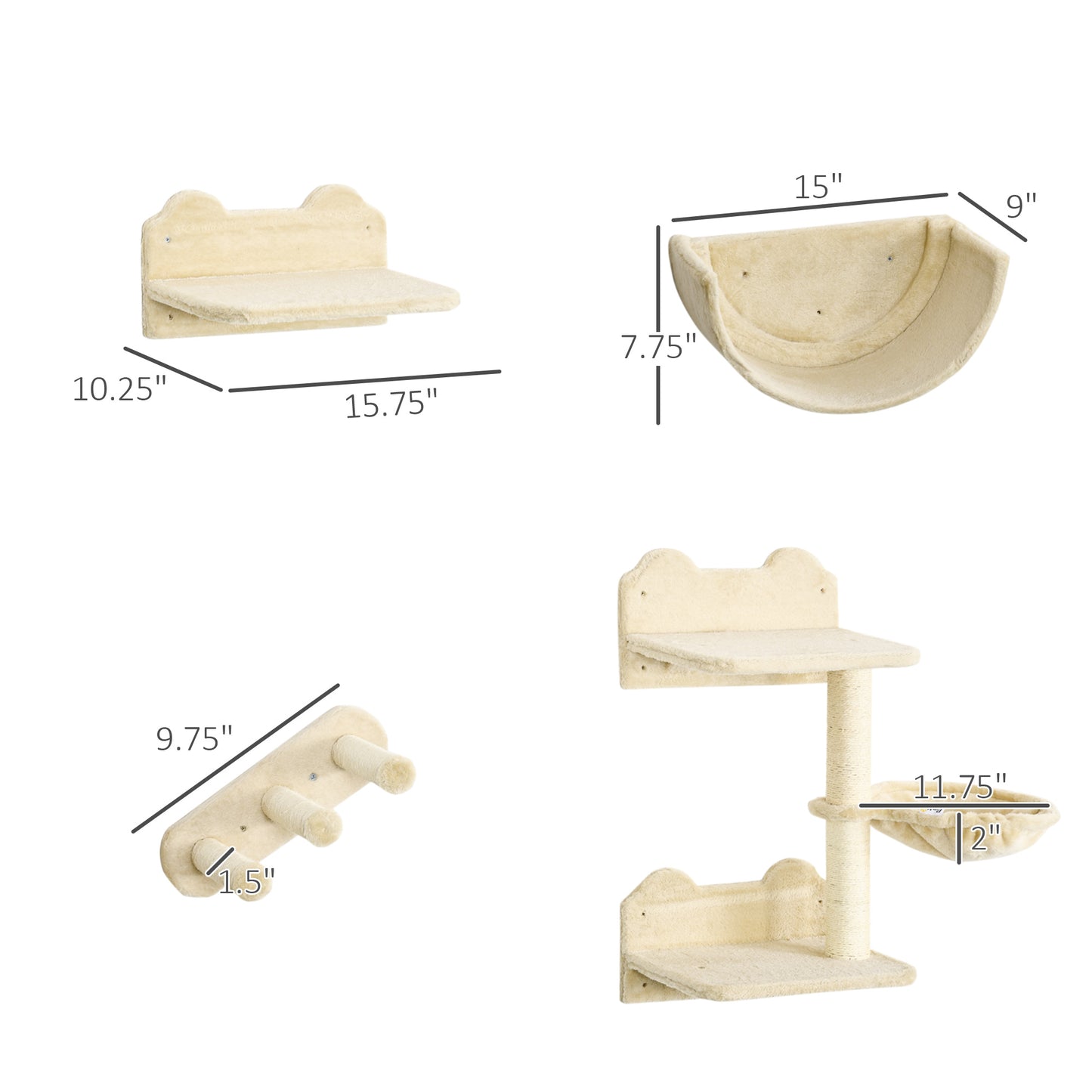 PawHut Cat Wall Shelves, 4 Pcs Cat Wall Furniture Cat Climbing Shelf with Cat Hammock, 3 Steps, Perches, Scratching Post, for Sleeping, Playing, Beige