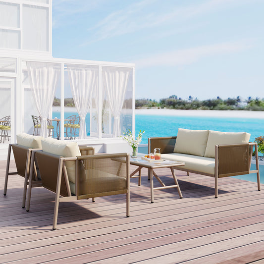 Coolbibila 4-Piece Rope Sofa Set with Thick Cushions and Toughened Glass Table