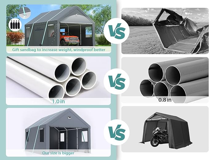 Sannwsg 10x20 Heavy Duty Carport Canopy - Extra Large Portable Car Tent Garage with Roll-up Windows and All-Season Tarp Cover,Metal Roof &Side Walls for Car, SUV,Boats&Truck Shelter Logic Storage