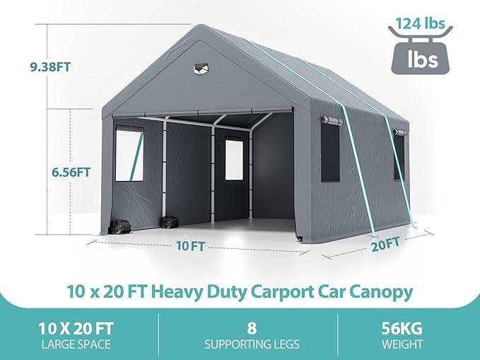 Sannwsg 10x20 Heavy Duty Carport Canopy - Extra Large Portable Car Tent Garage with Roll-up Windows and All-Season Tarp Cover,Metal Roof &Side Walls for Car, SUV,Boats&Truck Shelter Logic Storage