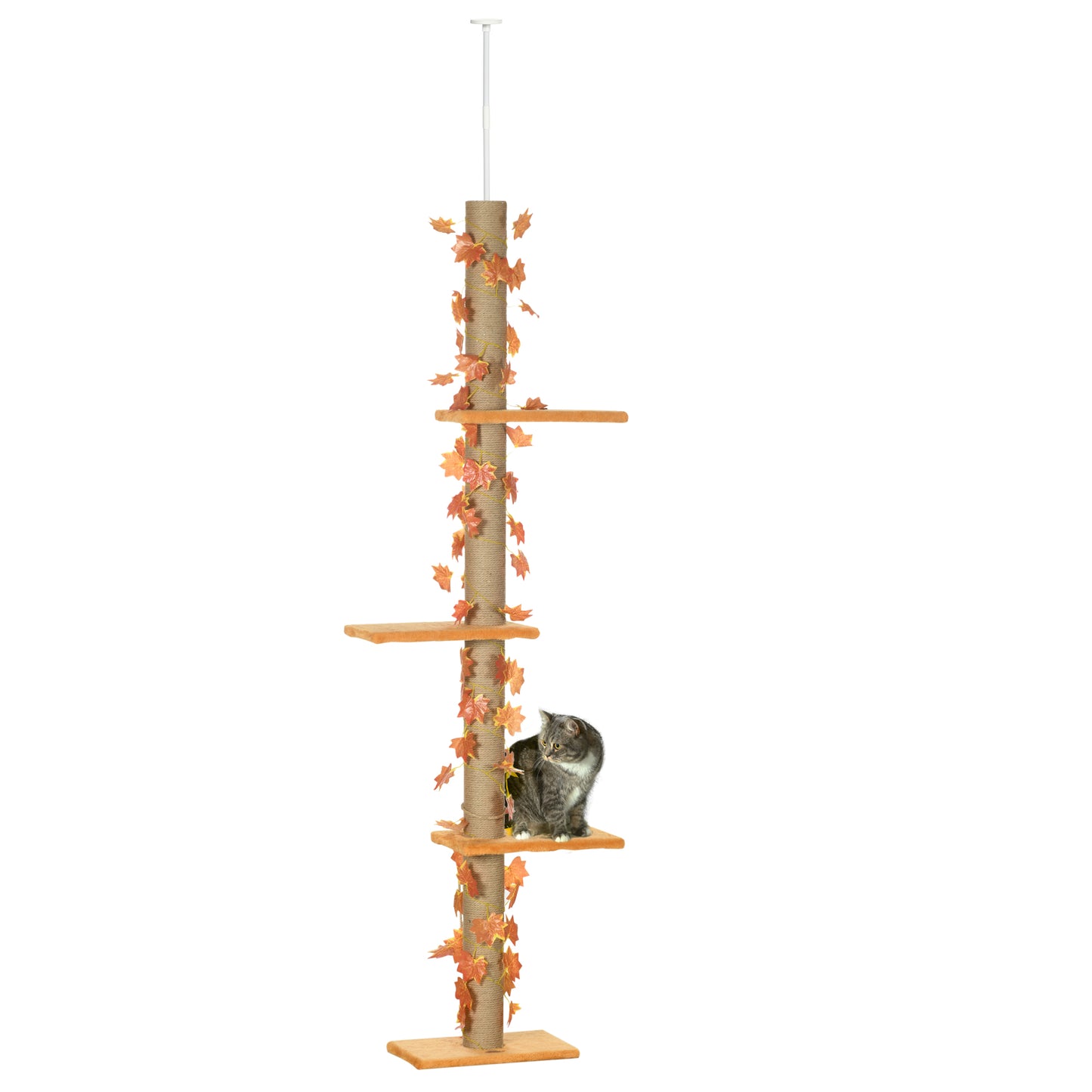 Pawhut Floor to Ceiling Cat Tree, 80" - 95" Adjustable Tall Cat Tower, 3-Level Cat Climbing Towe for Indoor Cats with Sisal Scratching Post, Platforms, Leaves, Orange