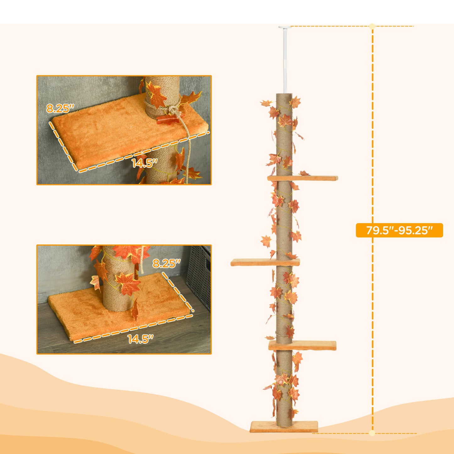 Pawhut Floor to Ceiling Cat Tree, 80" - 95" Adjustable Tall Cat Tower, 3-Level Cat Climbing Towe for Indoor Cats with Sisal Scratching Post, Platforms, Leaves, Orange