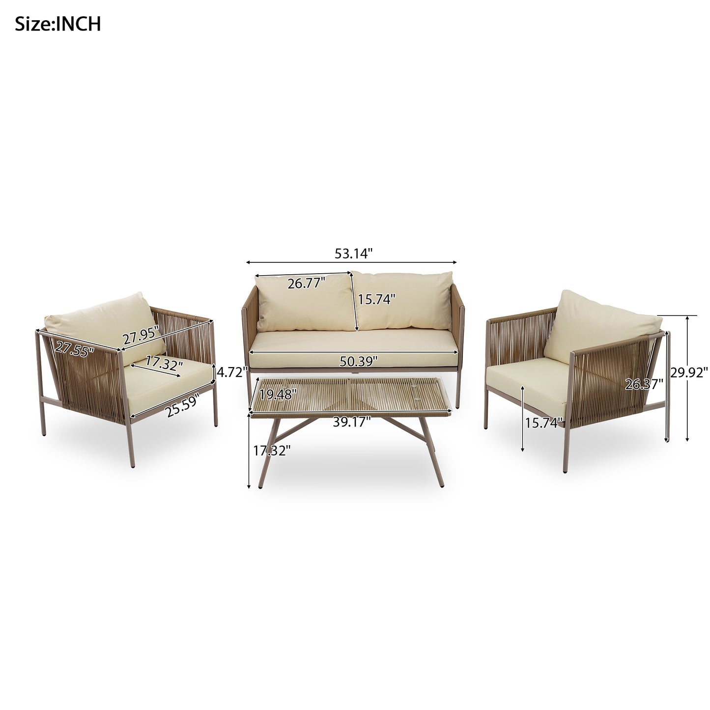 Coolbibila 4-Piece Rope Sofa Set with Thick Cushions and Toughened Glass Table