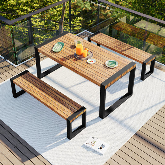 Coolbibila 3-pieces Outdoor Dining Table With 2 Benches, Patio Dining Set