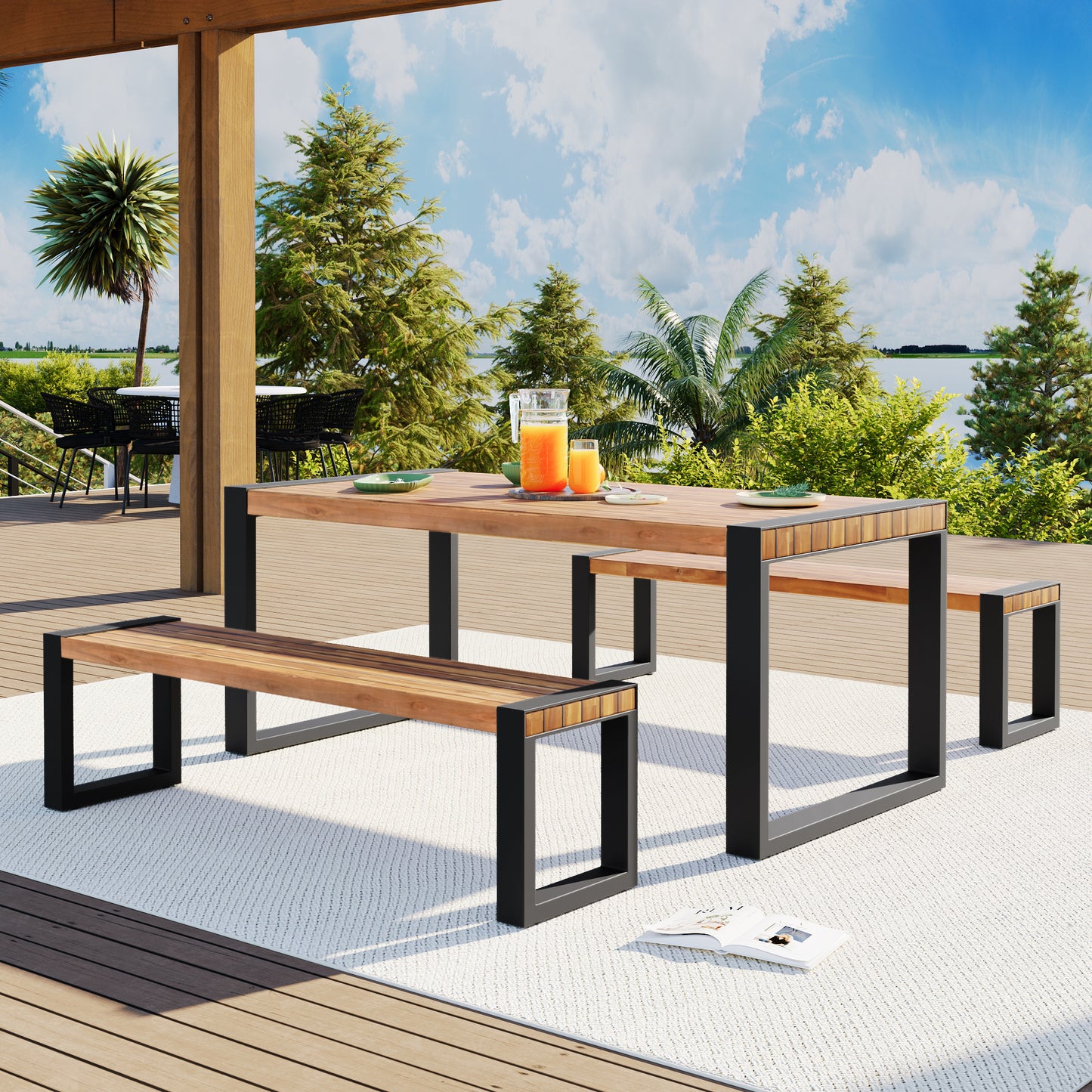 Coolbibila 3-pieces Outdoor Dining Table With 2 Benches, Patio Dining Set