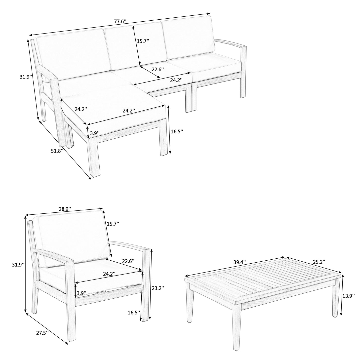 Coolbibila 6-Piece Acacia Wood Frame Patio Sectional Sofa Set