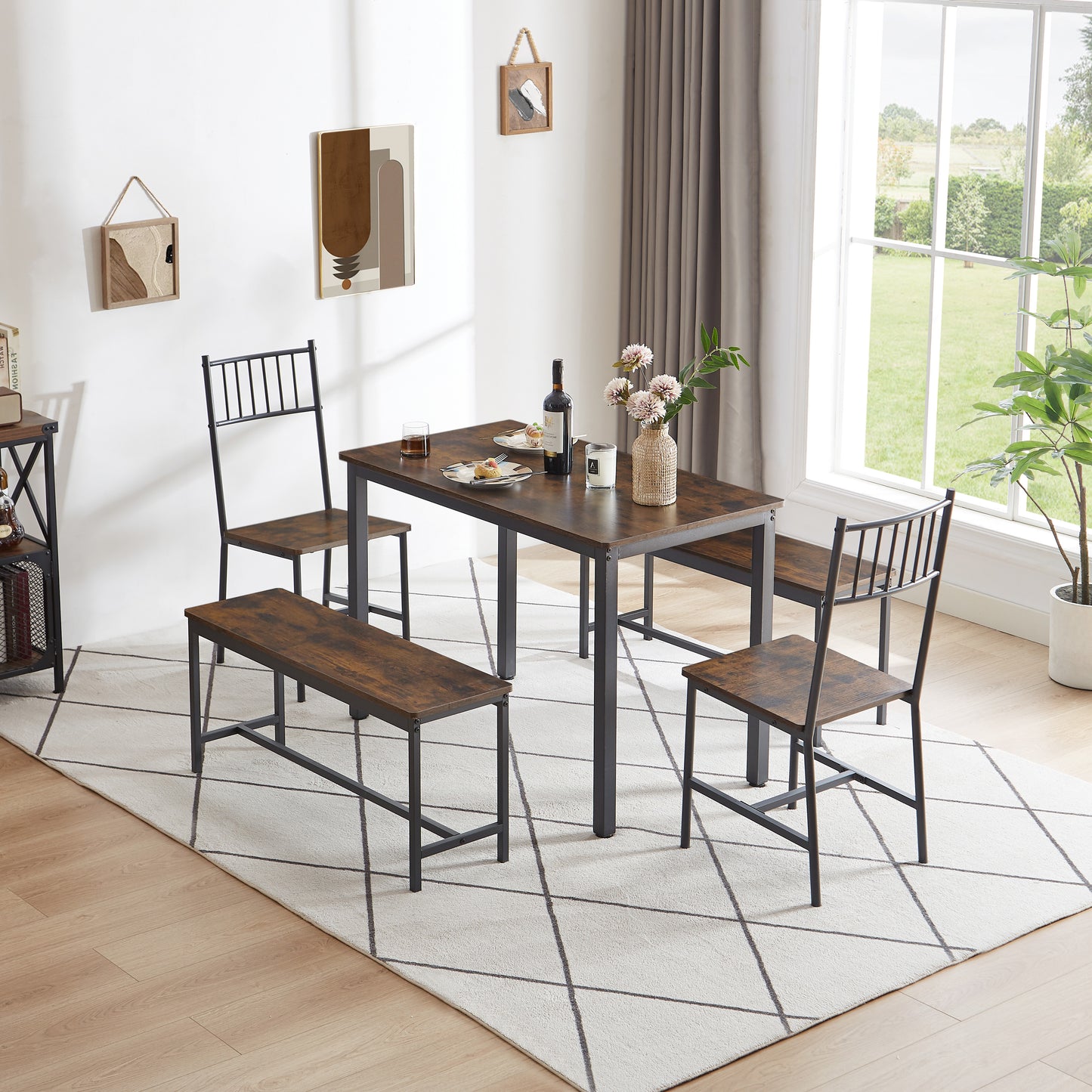 Coolbibila Dining Table Set, Barstool Dining Table with 2 Benches 2 Back Chairs