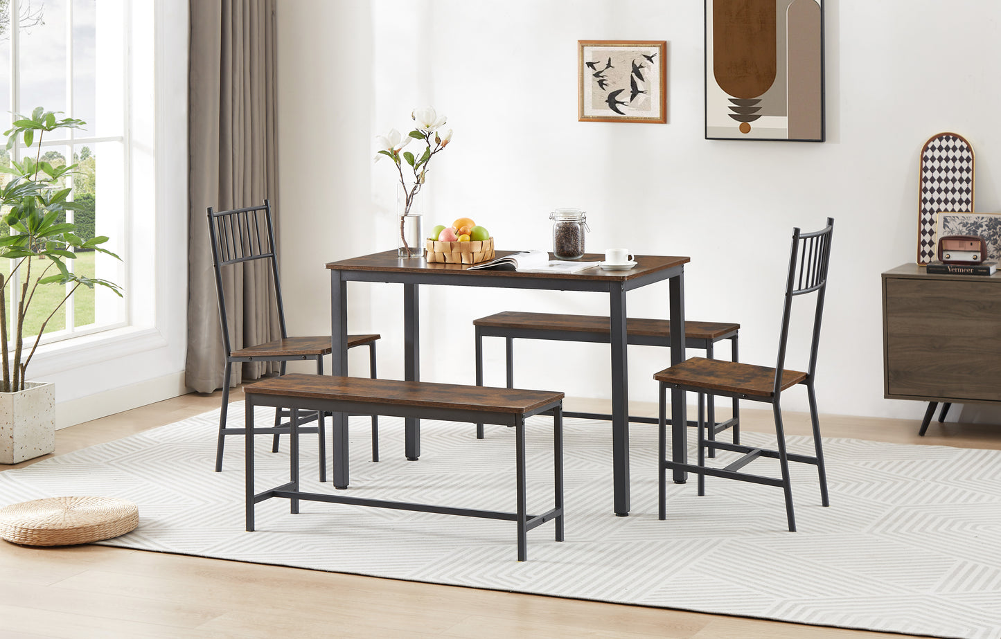 Coolbibila Dining Table Set, Barstool Dining Table with 2 Benches 2 Back Chairs