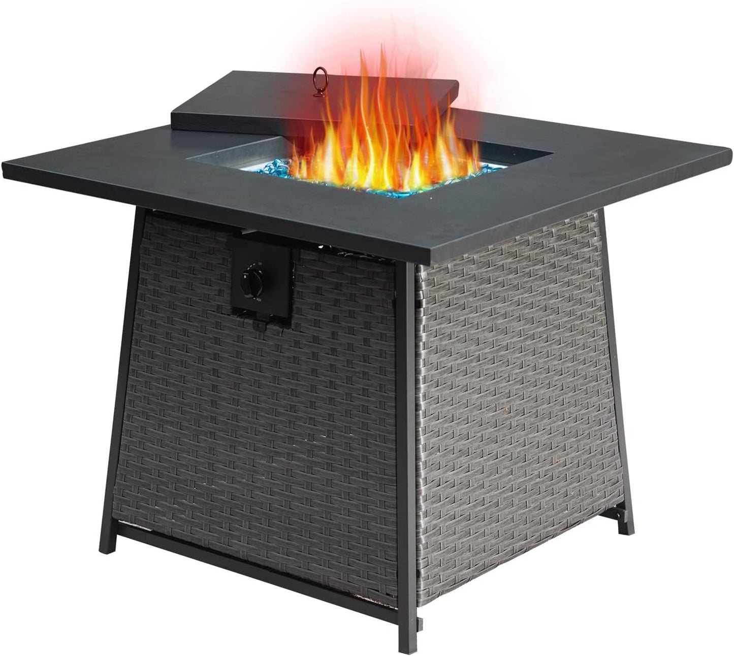 Coolbibila 32 Inch Propane Fire Pits Table with Blue Glass Ball,50,000 BTU Outdoor Wicker Fire Table