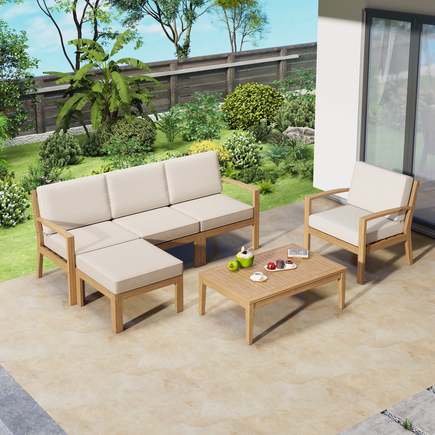 Coolbibila 6-Piece Acacia Wood Frame Patio Sectional Sofa Set