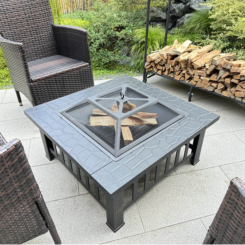 Coolbibila Fire Pit Table 32in Square Metal Firepit Stove Backyard Patio Garden Fireplace