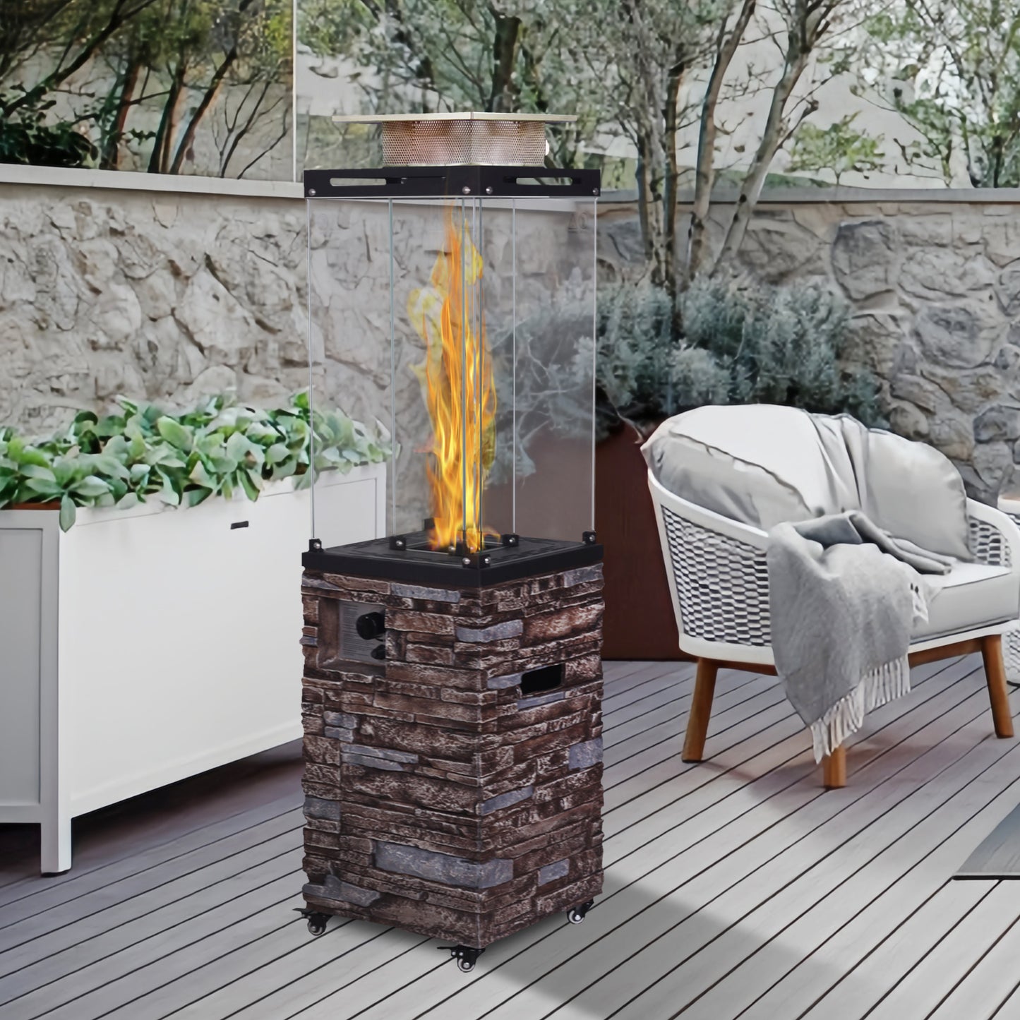 Coolbibila Faux Stone Texture Tempered Glass Outdoor Propane Gas Fire Heater