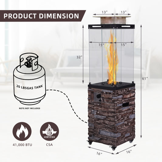 Coolbibila Faux Stone Texture Tempered Glass Outdoor Propane Gas Fire Heater