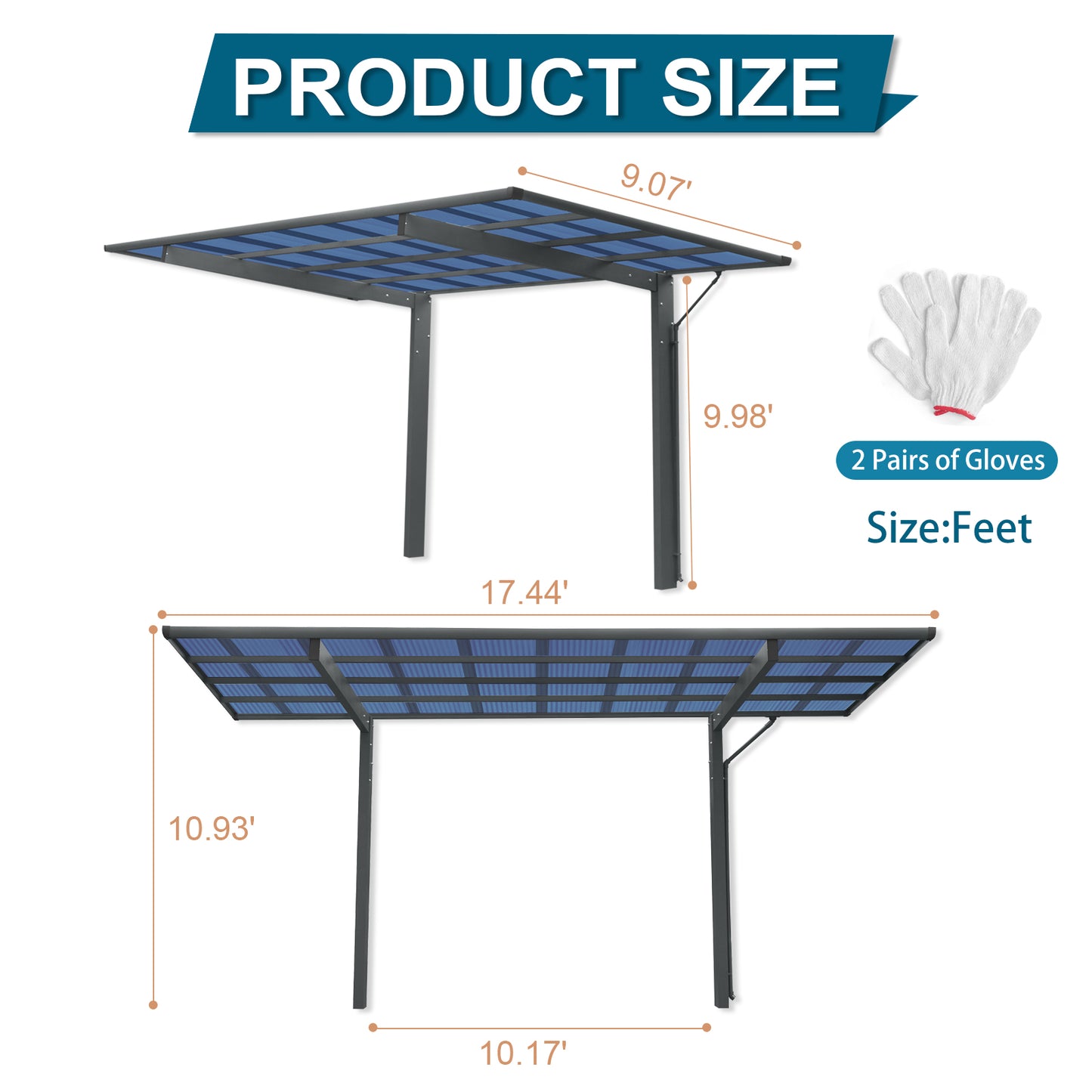 Outdoor Carport, 17.44FT*9FT*11FT Single Carport Aluminum Metal Frame and Polycarbonate Panels Car Port for Outdoor Driveway Car, Truck
