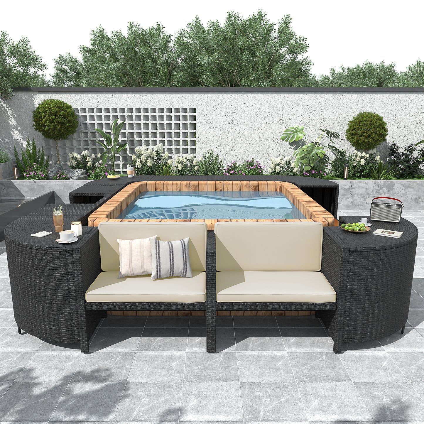 Coolbibila Spa Surround Spa Frame Quadrilateral Outdoor Rattan Sectional Sofa Set