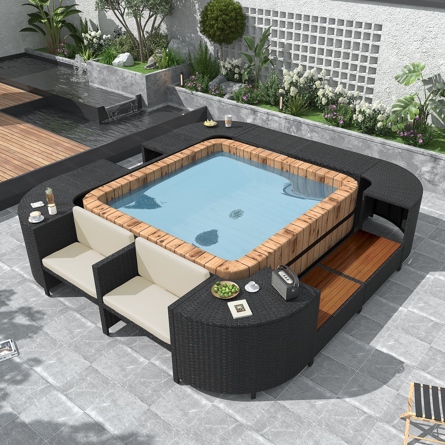 Coolbibila Spa Surround Spa Frame Quadrilateral Outdoor Rattan Sectional Sofa Set