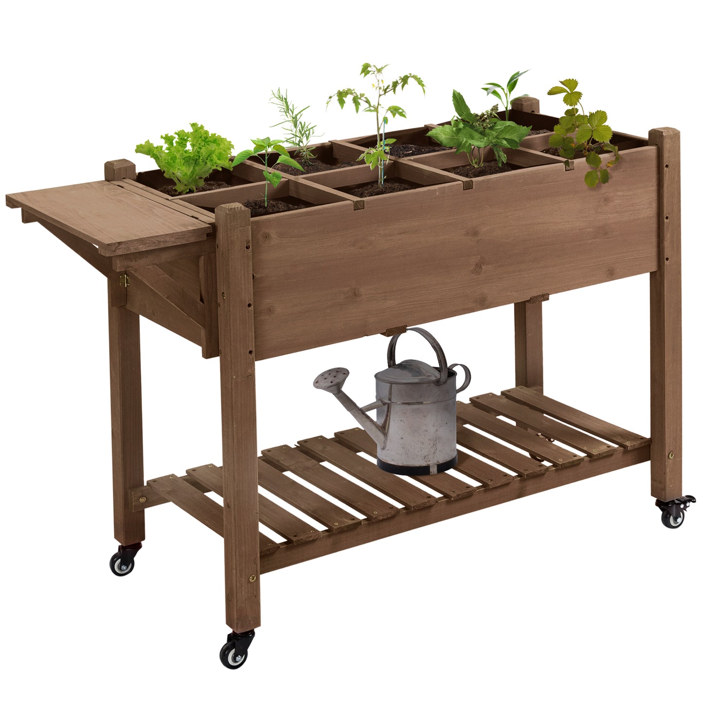 Coolbibila Wooden Outdoor Plant Box Stand with Folding Side Table and Wheels