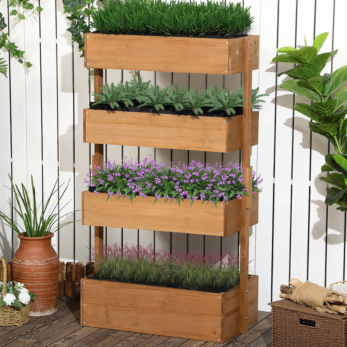 Wooden 4 Tier Planter Box, Self-Draining with Non-Woven Fabric