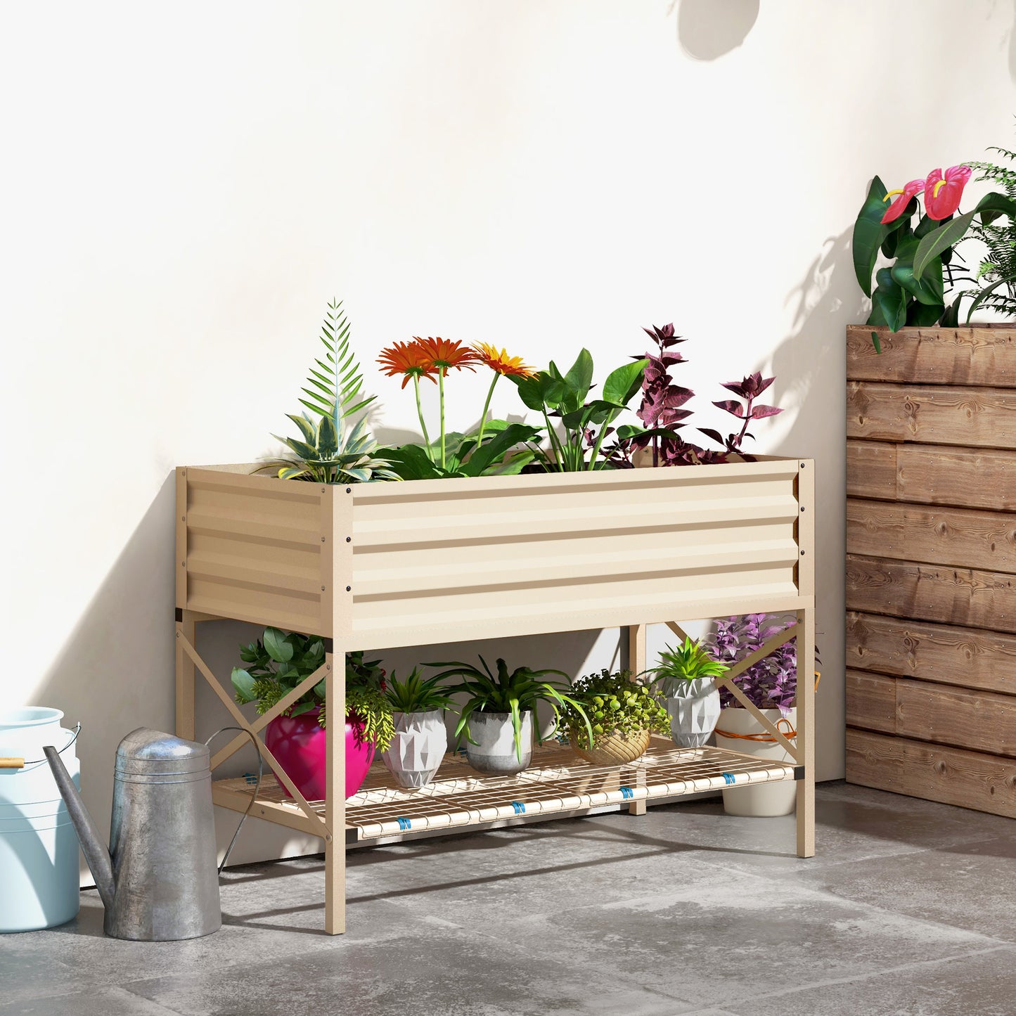Garden Bed with Galvanized Steel Frame, Storage Shelf and Bed Liner, Elevated Planter Box with Legs