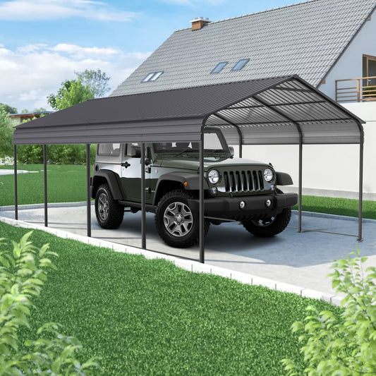 VIDEO offerMetal Carport 12 ×20 FT Heavy Duty with Galvanized Steel Roof, Metal Garage Canopy with Galvanized Steel Roof & Frame, Car Tent Outdoor Storage Shed for Car, Boats and Truck, Gray