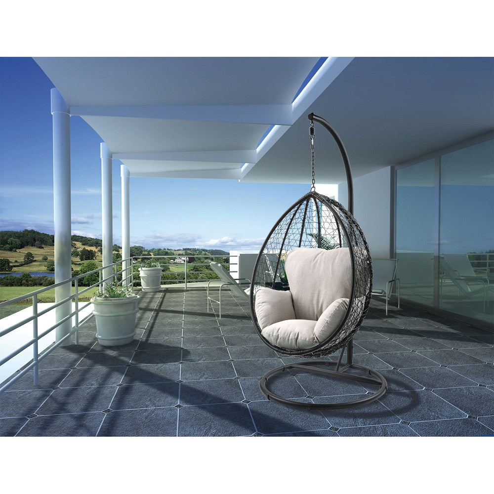Coolbibila  Patio Swing Chair with Stand in Beige Fabric & Black Wicker