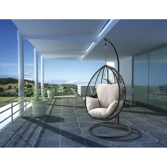 Coolbibila  Patio Swing Chair with Stand in Beige Fabric & Black Wicker