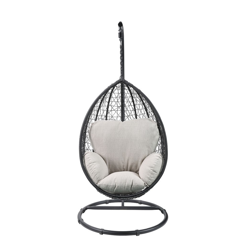 Coolbibila  Patio Swing Chair with Stand in Beige Fabric & Black Wicker