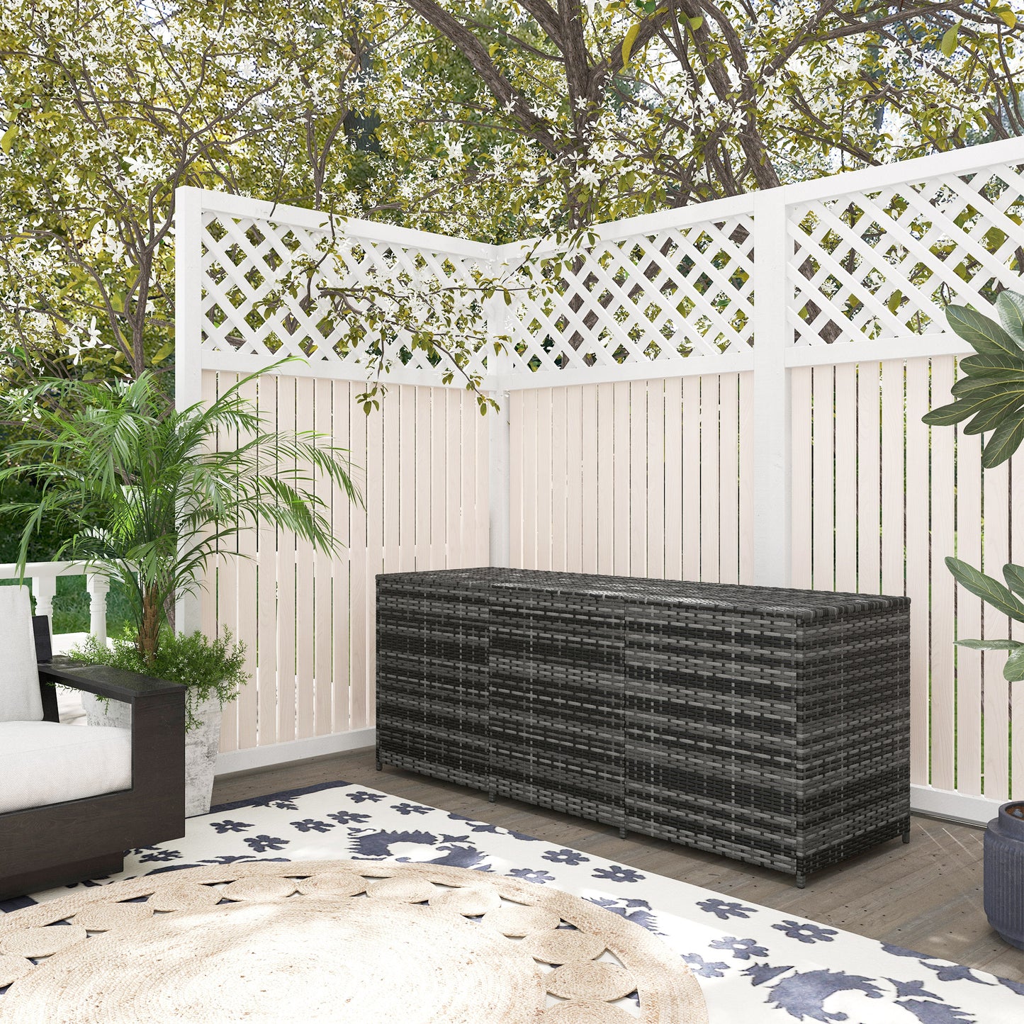 Coolbibila 175 Gallon Outdoor Storage Box with Inner Liner, PE Rattan Wicker Deck Box with Pneumatic Bar Lift