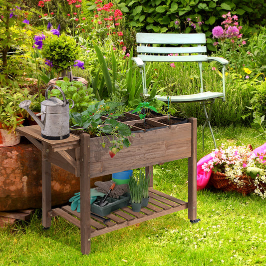 Coolbibila Wooden Outdoor Plant Box Stand with Folding Side Table and Wheels