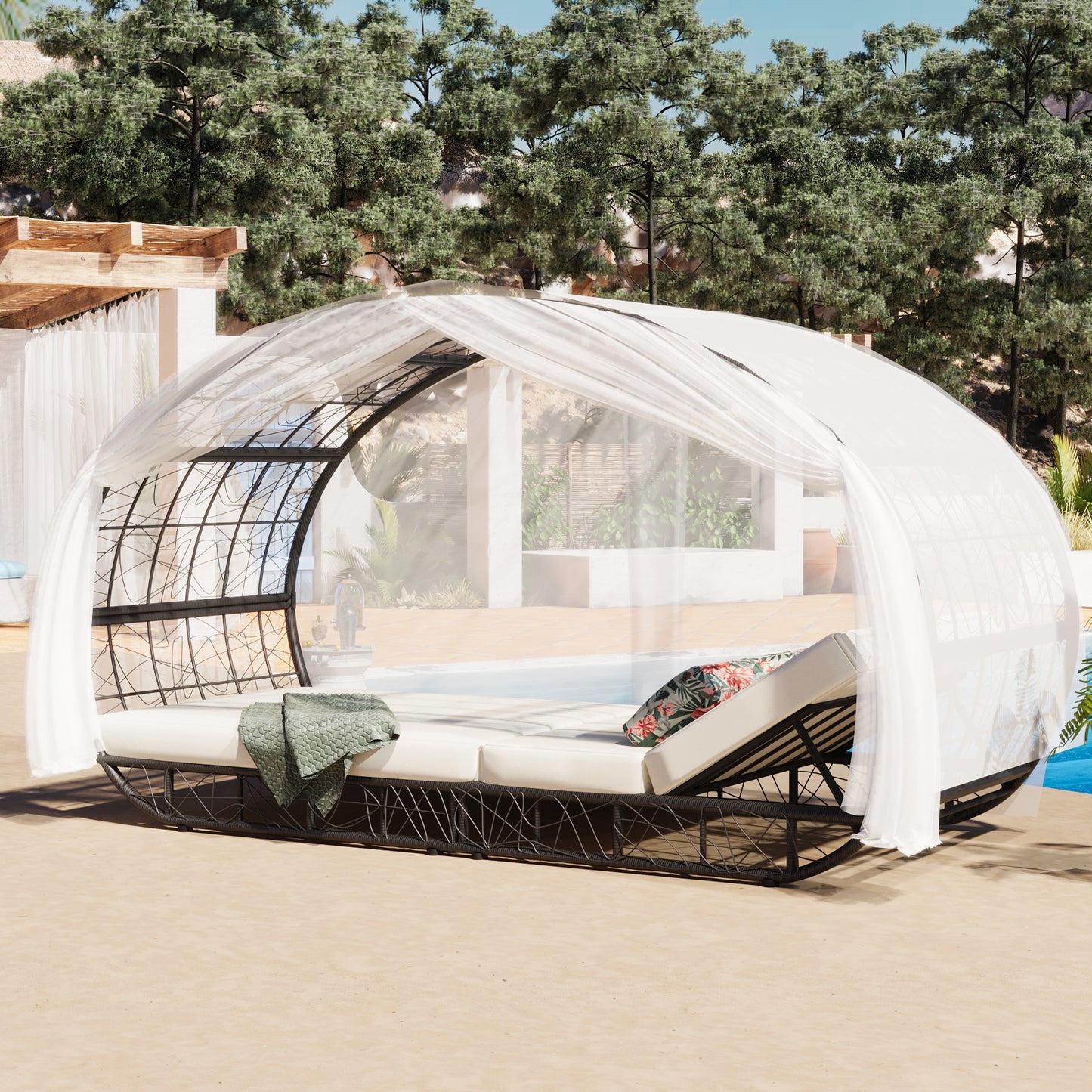 Coolbibila 90.55" Outdoor Patio Daybed with Curtain
