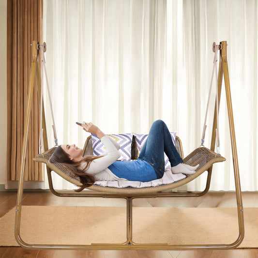 Coolbibila Swing Chair with Stand for Indoor,Outdoor, Anti-Rust Wood-Colored Frame 570 lbs Capacity