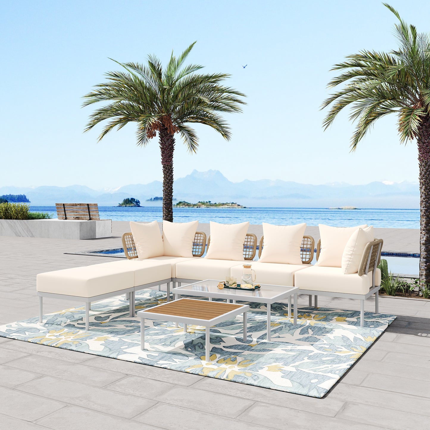 TREXM 8-Piece Patio Sectional Sofa Set with Tempered Glass Coffee Table and Wooden Coffee Table for Outdoor Oasis, Garden, Patio and Poolside (Beige Cushion + White Steel)