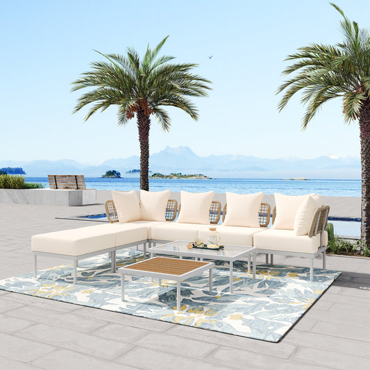 TREXM 8-Piece Patio Sectional Sofa Set with Tempered Glass Coffee Table and Wooden Coffee Table for Outdoor Oasis, Garden, Patio and Poolside (Beige Cushion + White Steel)