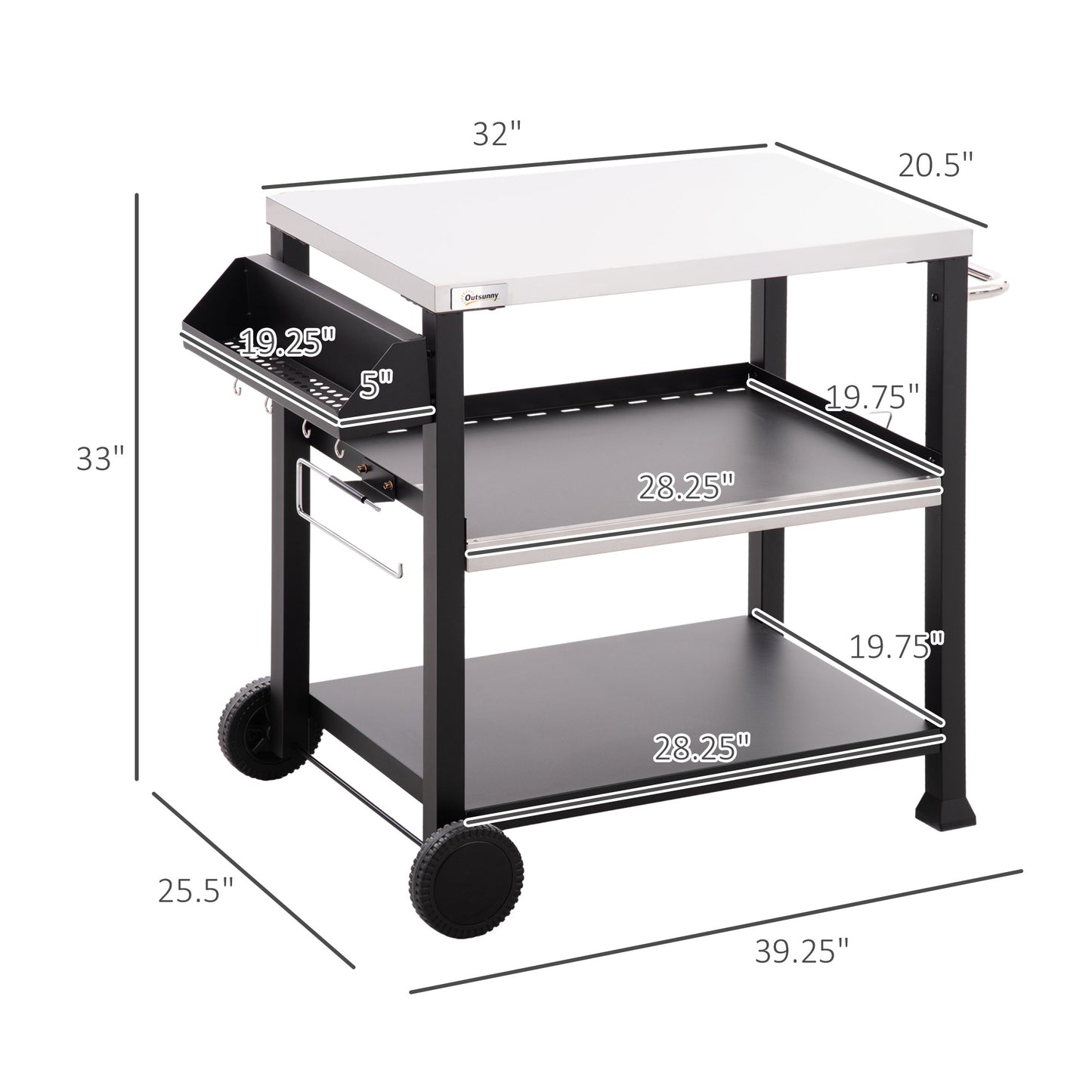 Coolbibila Three-Shelf Outdoor Grill Cart with Stainless Steel Tabletop, Side Handle, 32" x 20.5" Multifunctional Pizza Oven Stand