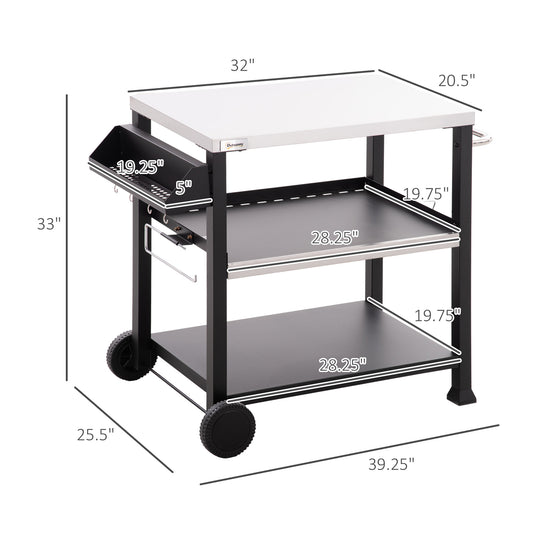 Coolbibila Three-Shelf Outdoor Grill Cart with Stainless Steel Tabletop, Side Handle, 32" x 20.5" Multifunctional Pizza Oven Stand