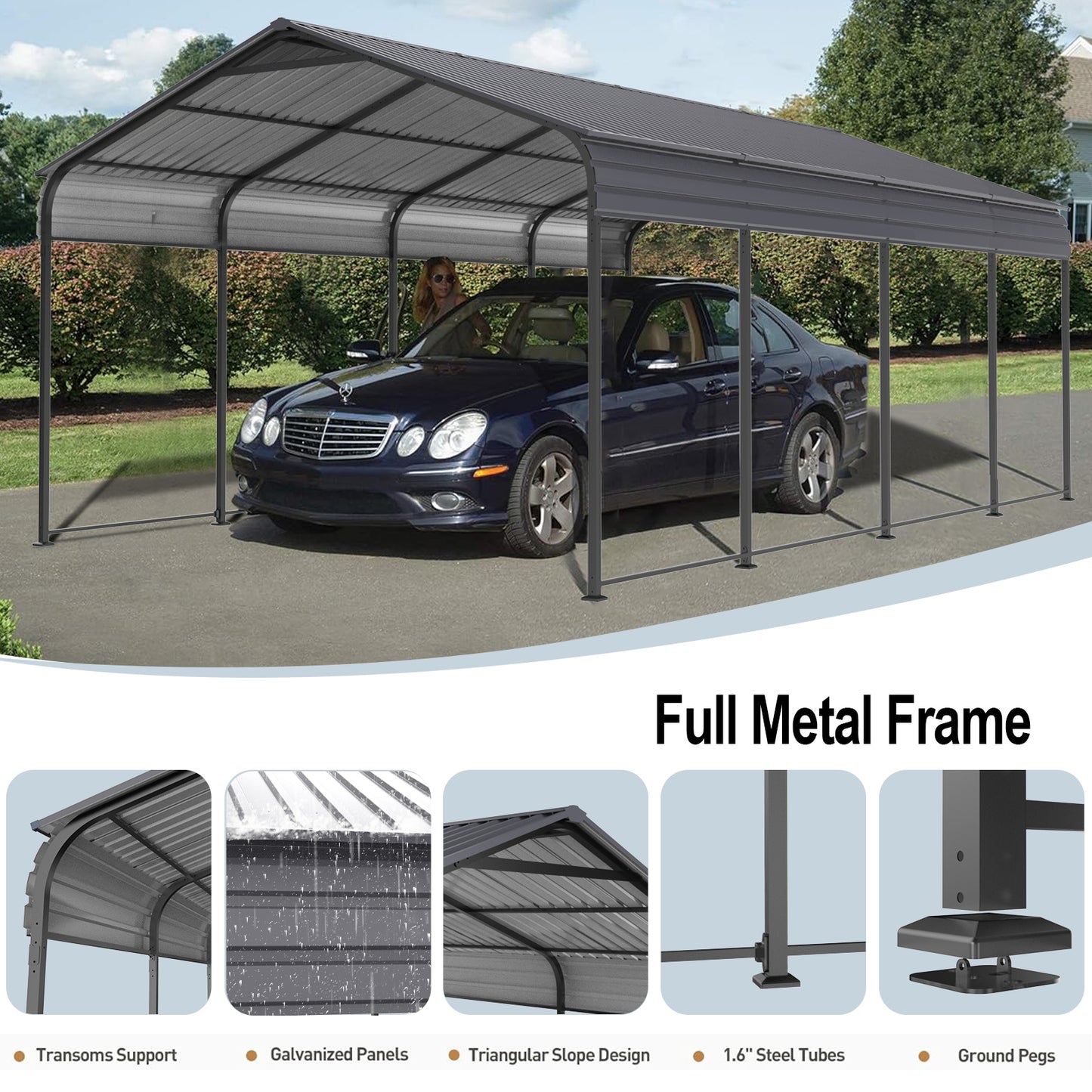 VIDEO offerMetal Carport 12 ×20 FT Heavy Duty with Galvanized Steel Roof, Metal Garage Canopy with Galvanized Steel Roof & Frame, Car Tent Outdoor Storage Shed for Car, Boats and Truck, Gray