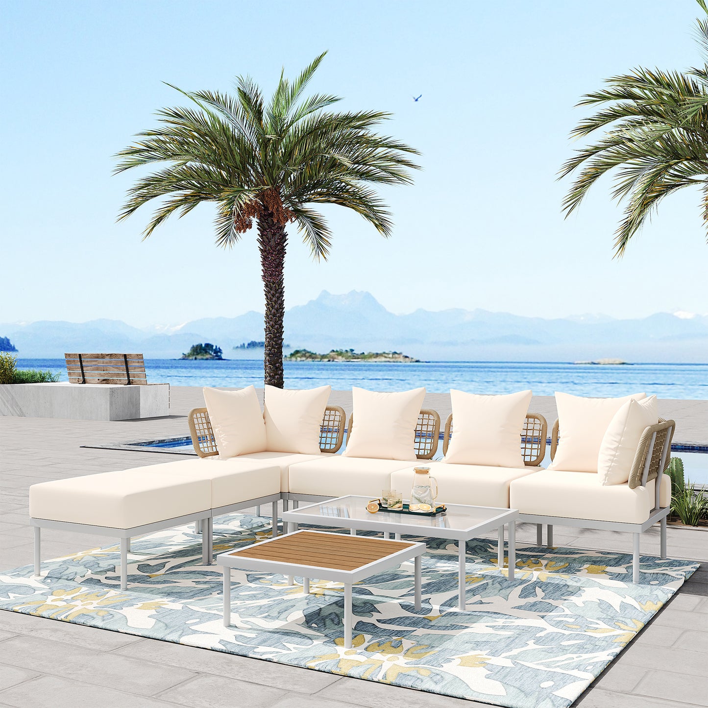 TREXM 8-Piece Patio Sectional Sofa Set with Tempered Glass Coffee Table and Wooden Coffee Table for Outdoor Oasis, Garden, Patio and Poolside (Beige Cushion + White Steel)