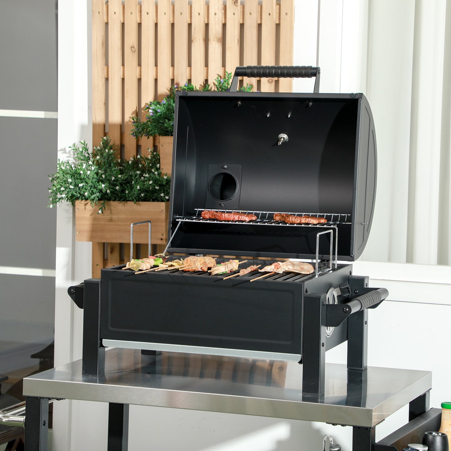 Coolbibila Charcoal BBQ Grill with 235 sq.in. Cooking Area, Tabletop Outdoor Barbecue with Ash Catcher and Built-in Thermometer