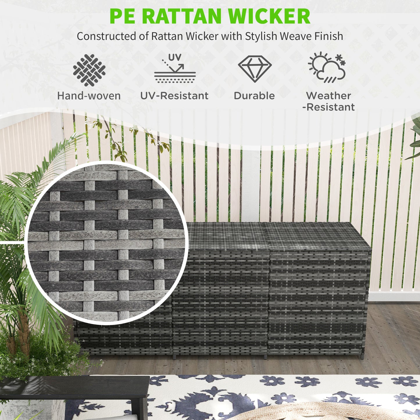 Coolbibila 175 Gallon Outdoor Storage Box with Inner Liner, PE Rattan Wicker Deck Box with Pneumatic Bar Lift