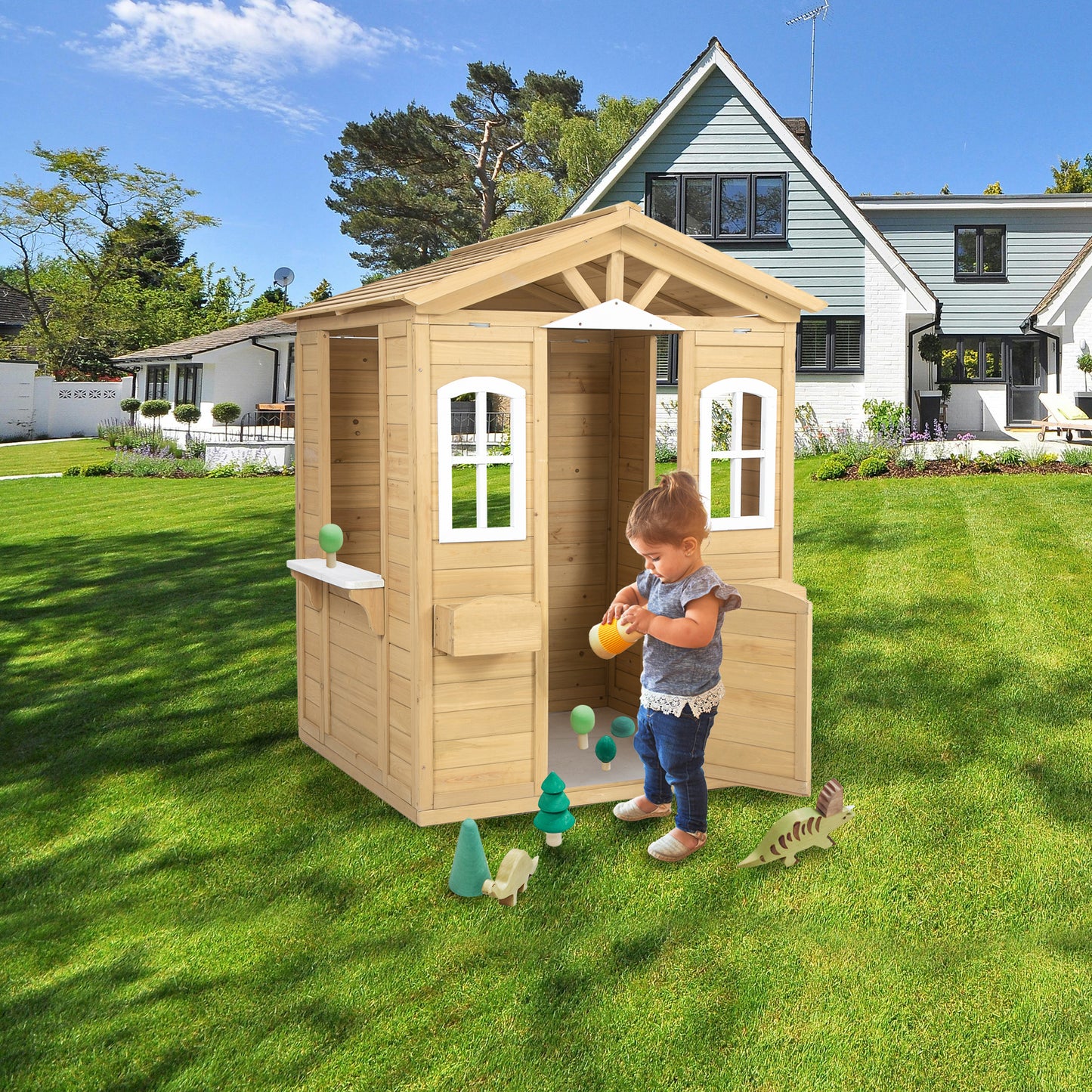 Wooden Playhouse for Kids Outdoor with Working Door, Windows, Mailbox, Flowers Pot Holder