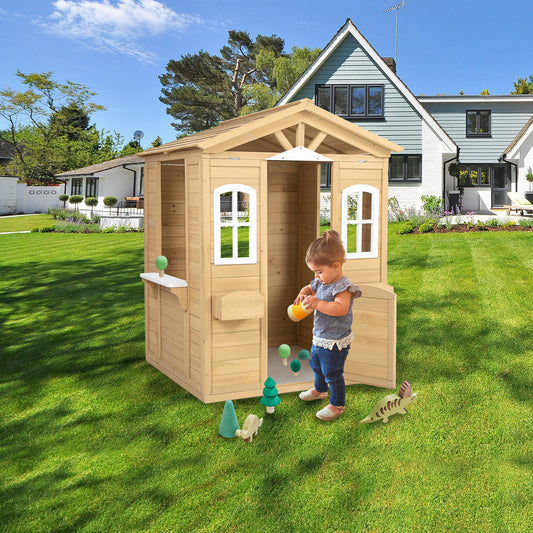 Wooden Playhouse for Kids Outdoor with Working Door, Windows, Mailbox, Flowers Pot Holder