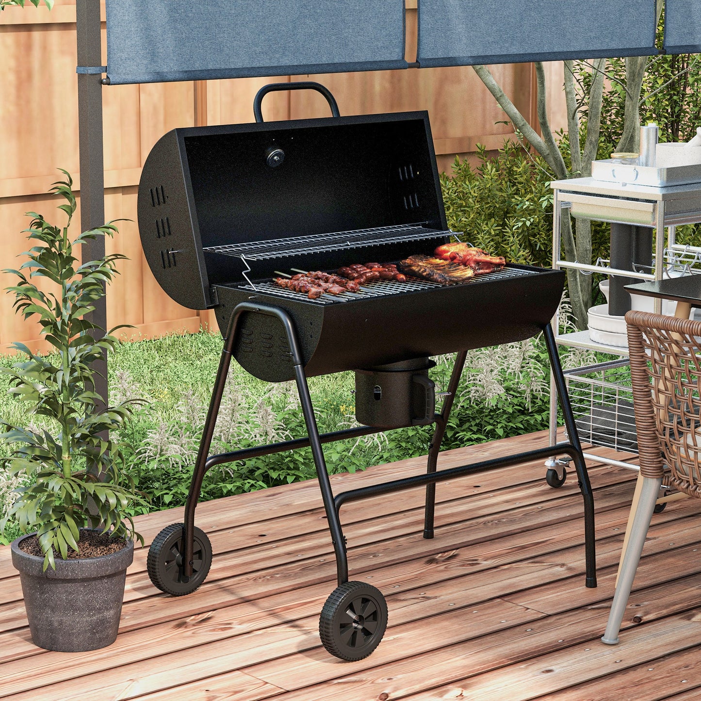 Coolbibila Charcoal BBQ Grill with 420 sq.in. Cooking Area, Outdoor Barbecue with Wheels, Ash Catcher and Built-in Thermometer