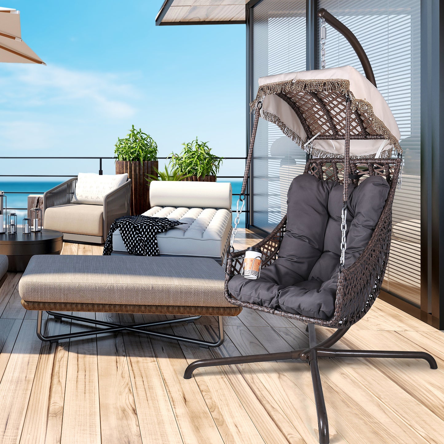Coolbibila Swing Egg Chair with Stand Indoor Outdoor, Wicker Rattan Frame 350lbs Capacity Hammock Chair