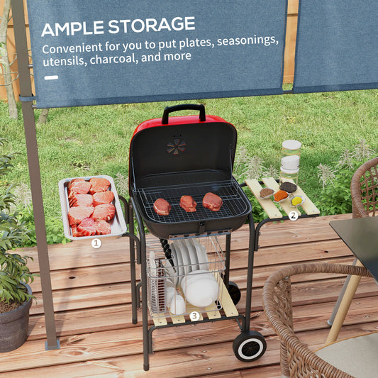 Coolbibila 17" Portable Charcoal Grill with Wheels, 2 Side Tables and Bottom Shelf